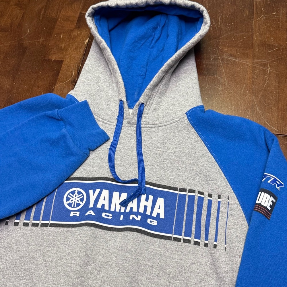 Yamaha Racing Hoodie Mens Large Grey Blue Graphic Pullover Raglan Sweatshirt